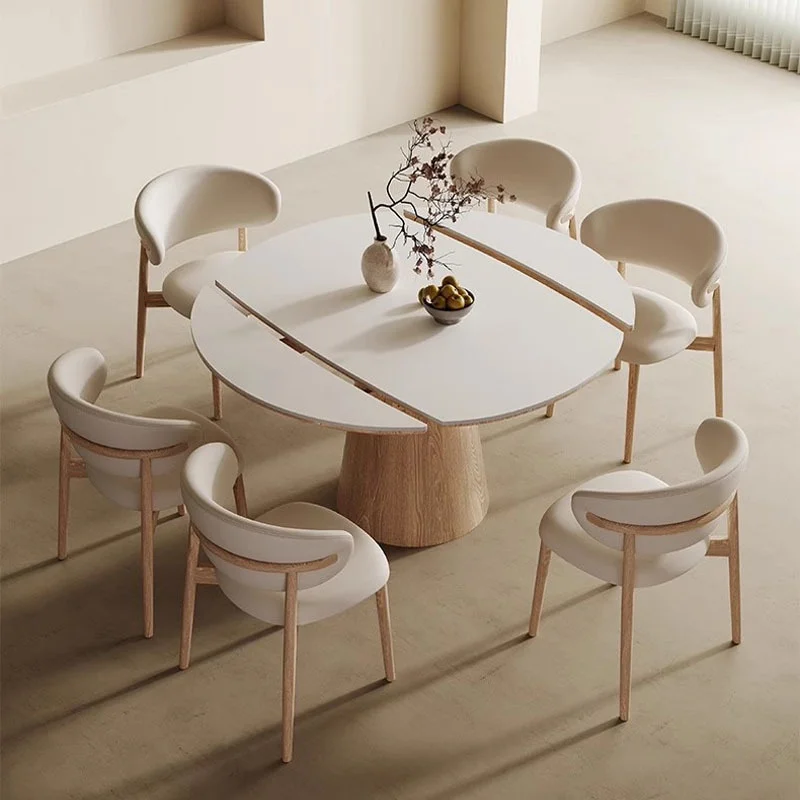 Round Rock Slab Dining Table Modern Simple Home Dining Dinner Table with Turntable Solid Wood Base Strong Load-Bearing Capacityp