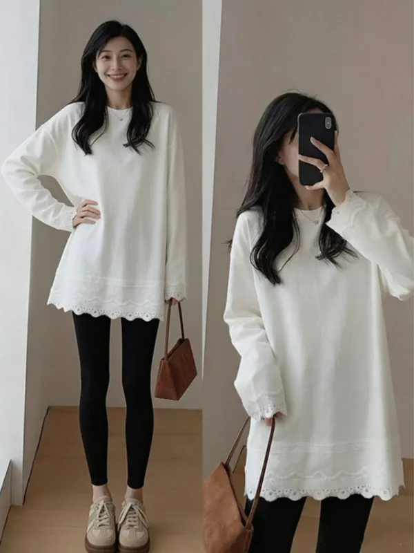 Lace Fleece Lined Women's T-Shirt Loose Long Sleeve Mid-Length White Inner Wear with Shark Pants Top Korean Style Pure Cotton