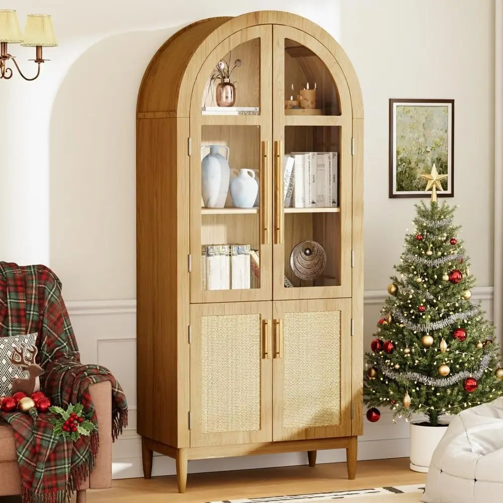

5-Tier Arched Oak Kitchen Pantry Cabinet with Glass & Rattan, Adjustable Shelves for Living/Dining/Office Spaces