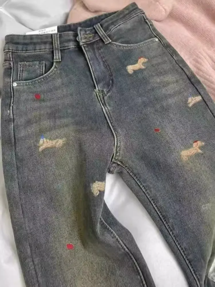 Thick and plush sausage dog embroidery micro flared jeans women autumn winter high waisted elastic slimming flared pants