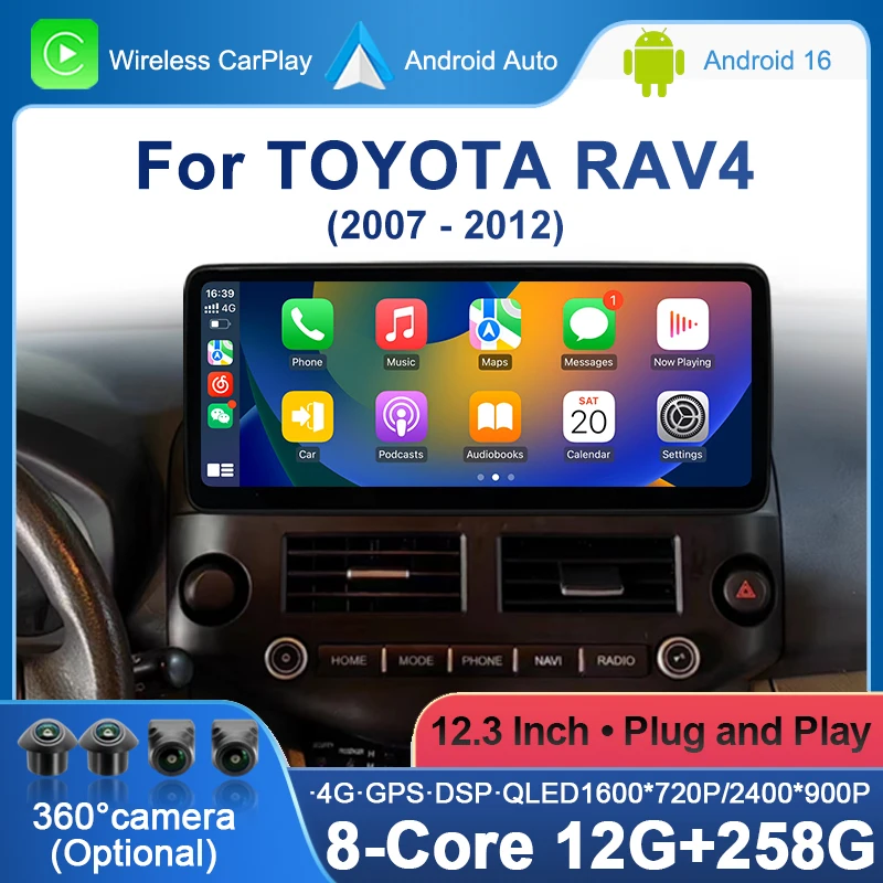 4G WIFI Car Radio For Toyota RAV4 2007 2008 2009 2010 2011 2012 Wireless Carplay Android 16 Car Multimedia Player HDMI DSP 48EQ