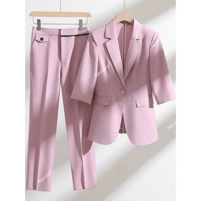 

2024 Women Formal Blazer Pants Sets 2 Piece Suit Female Khaki Green Blue Pink Business Work Wear Office Ladies