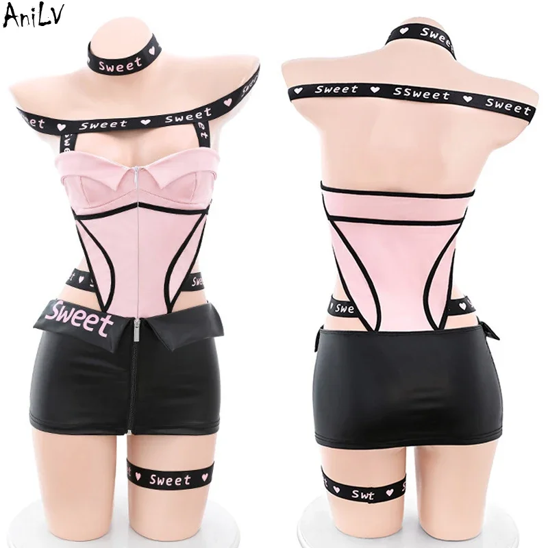 Anilv hot girl car model leather locomotive uniform costume women sweet pink strap hollow bodysuit short skirt cosplay