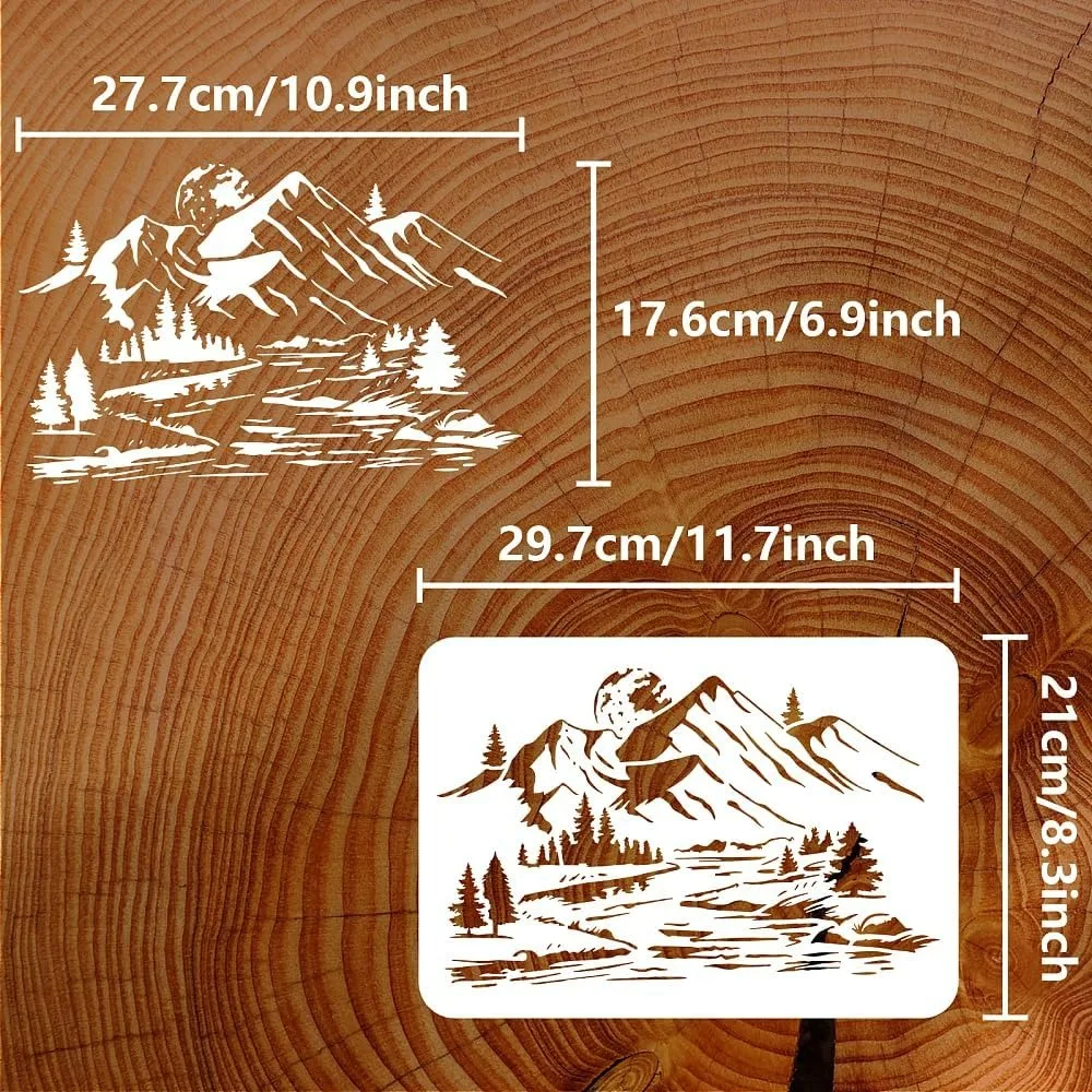 Mountain Stencil 8.3x11.7inch Reusable River Nature Scenery Painting Template DIY Craft Pine Tree Landse Decoration Stencil