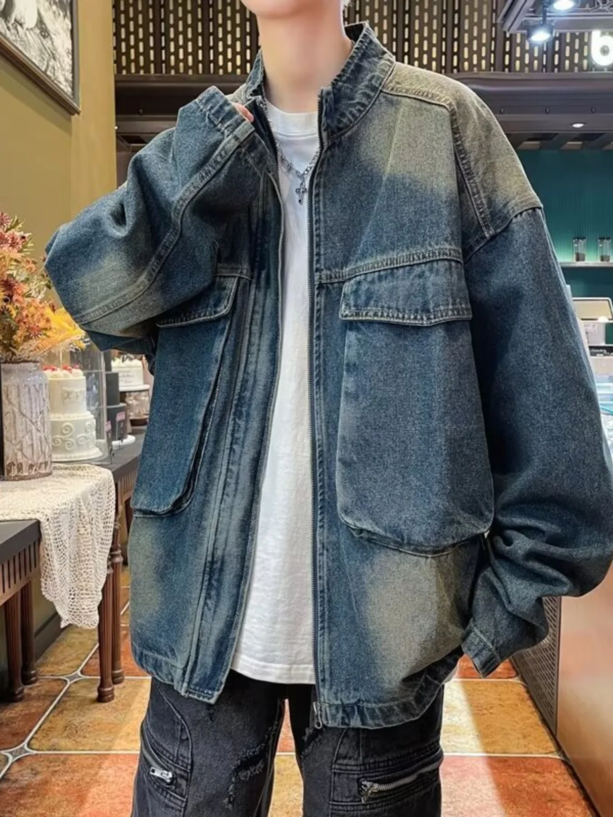 Retro Loose Large Pockets Cargo Denim Jacket For Men Spring Trendy Stand Up Collar Casual Zippered Jeans Jacket Top