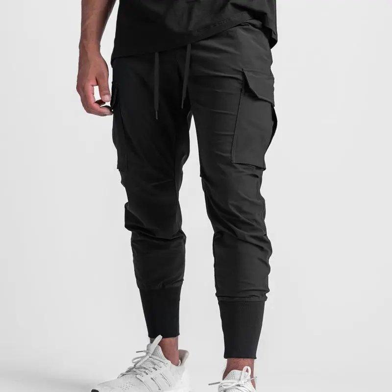 Summer Solid Color Fashion Sweat Pants Man Casual Motion Bodybuilding Pocket Zipper Drawstring Elastic Waist All-match Trousers