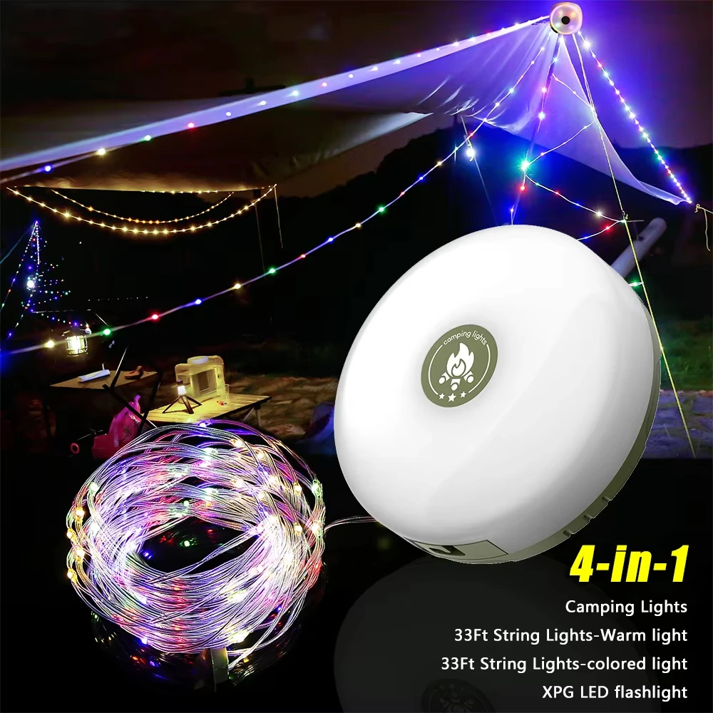 USB Rechargeable Camping Light 10meter Light String Outdoor Tent Light RGB Atmosphere Light XTE LED Flashlight with Magnet Hook