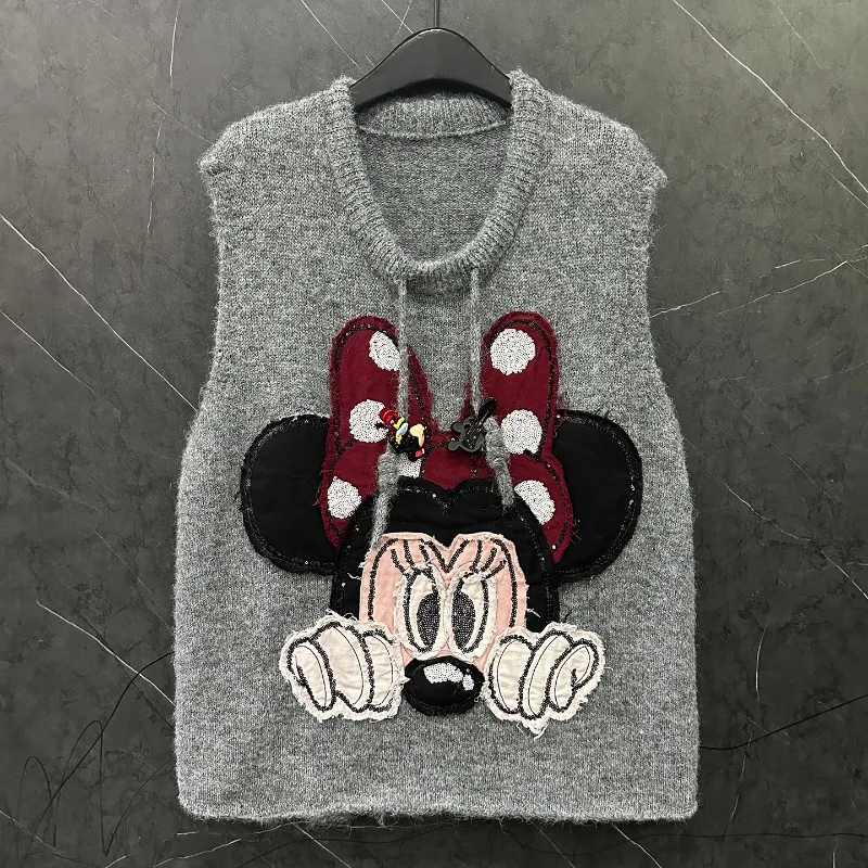 2025 Autumn New Cartoon Knitted Sweater Vest Coat Ladies Loose Casual Age-Reducing Sleeveless Top Round Neck Waistcoat Pullover