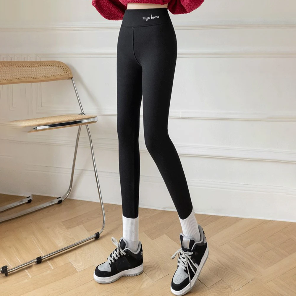 เลกกิ้งผ้าฟลีซแบบสกินนี่สำหรับใส่ทุกวัน เลกกิ้งผ้าฟลีซสีดำ กางเกงขายาวผู้หญิง ลายเรียบ เหมาะสำหรับฤดูหนาว