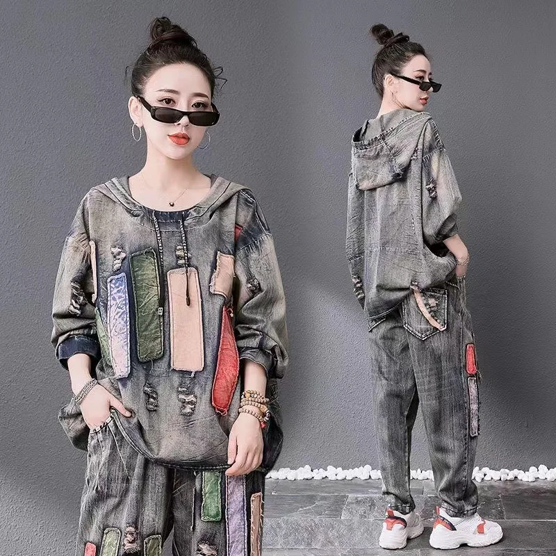 

Large Size Women Two Piece Set Female Casual Fashion Denim Set 2024 Spring Autumn Suit Women's Pants 2 Piece Set