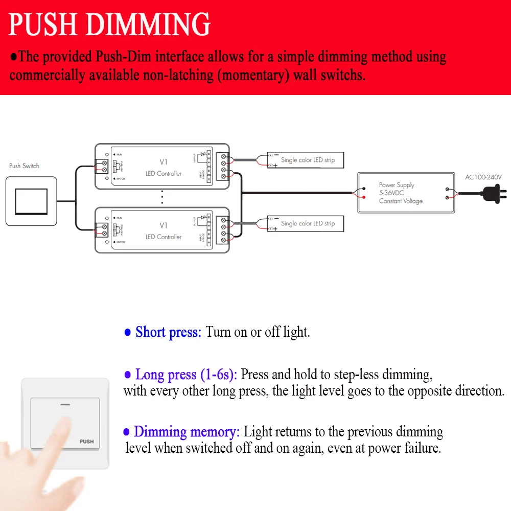 LED CV Controller DC 5V 12V 24V 36V Dimmer With Push Dimming  Fade Mode Auto-transmitting Function 1CH 8A for WW CW NW LED Strip