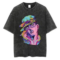 Vintage Washed TShirt Men Summer Hip Hop Streetwear T-shirt JoJo Bizarre Adventure Anime Print Cotton Casual Short Sleeve Tshirt