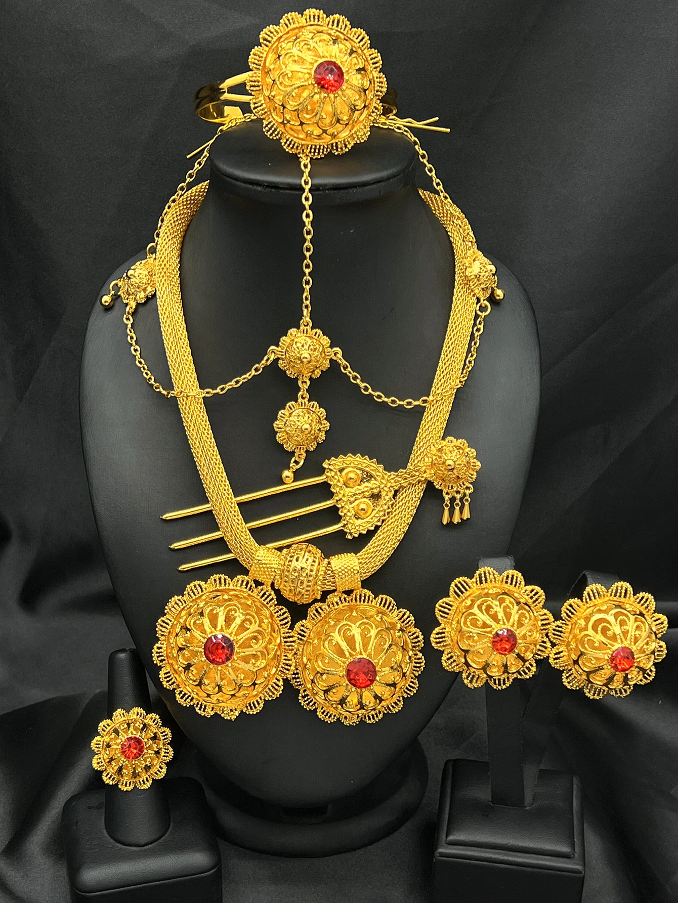 

Ethiopian Wedding 24k Gold Color 6pcs Jewelry Sets For Women Dubai Flower Shape Nigerian Luxury Necklace Jewellery Set Gift