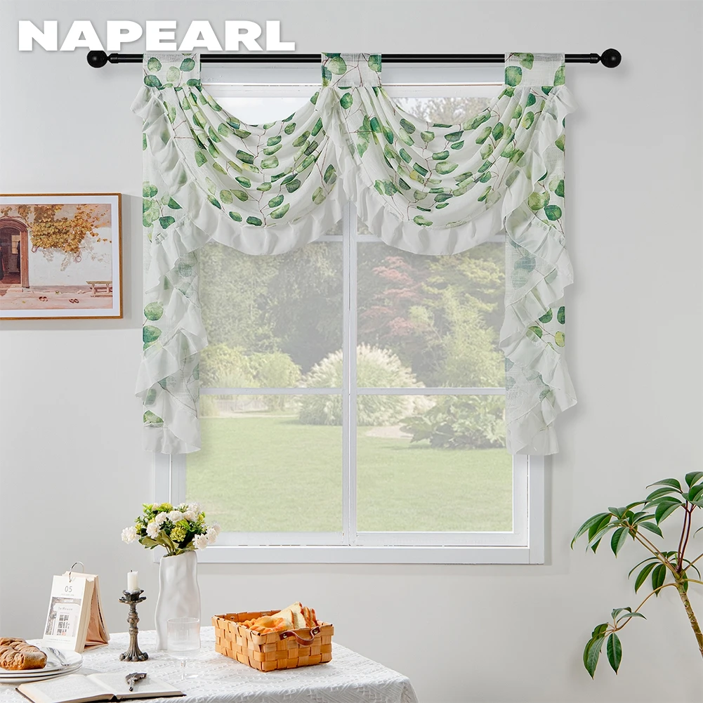 NAPEARL Green Leaves Printed Tulle Sheer Curtain Head Curtain Valance Tufted Decor for Bedroom Living Room Window Decor 1PC