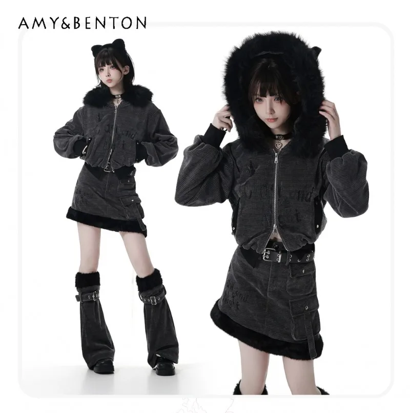 

Winter Harajuku Style Sweet Cool Plush Skirt Sets Plush Hooded Cute Ears Short Thickened Coat Irregular Mini Skirt Leg Warmers