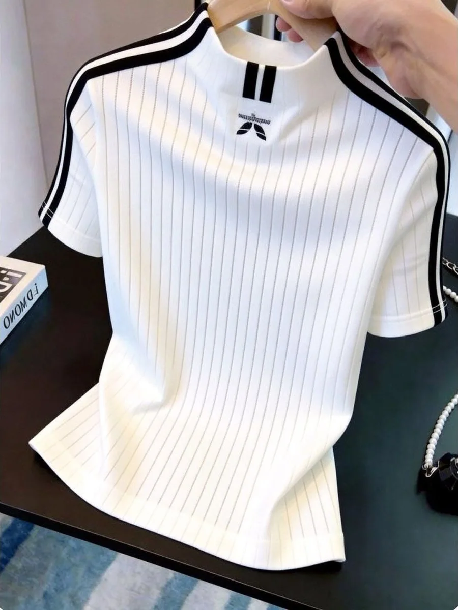 Slim Fit Striped Short Sleeve T-Shirt Women's plus Size Contrast Color Sporty Style Versatile Commute Spring Fashion Top