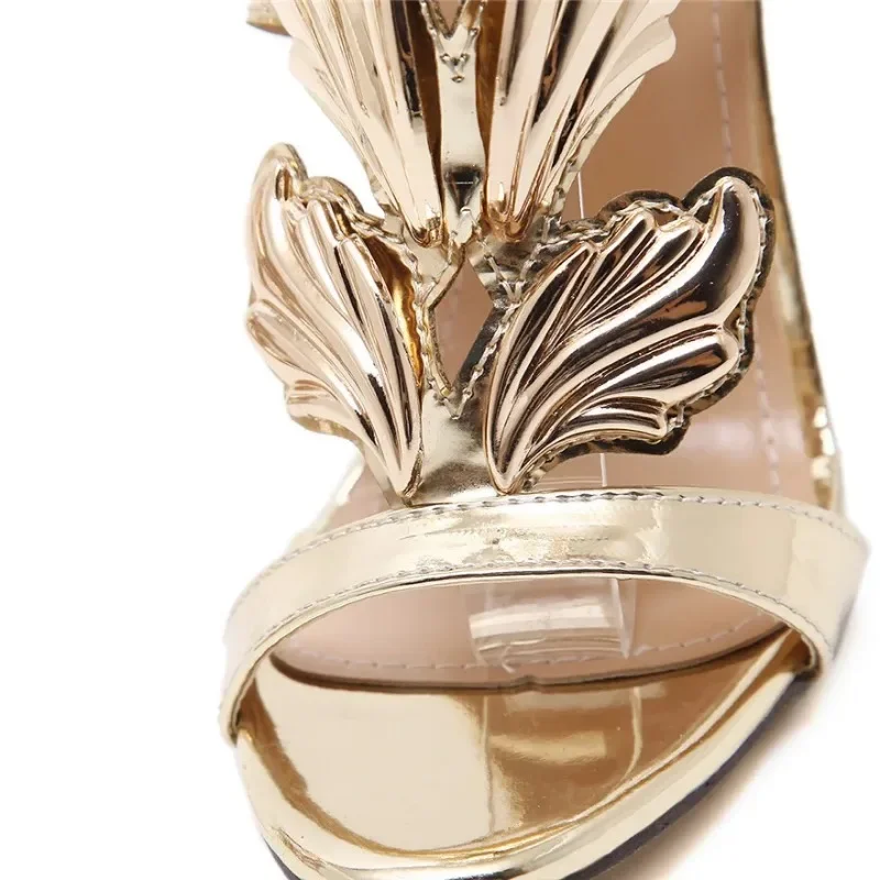 Rome Style Metal Wings Stiletto Women's Sandals Gold Patent Leather High Heels Fashion Ladies Open Toe Double Buckle Party Shoes