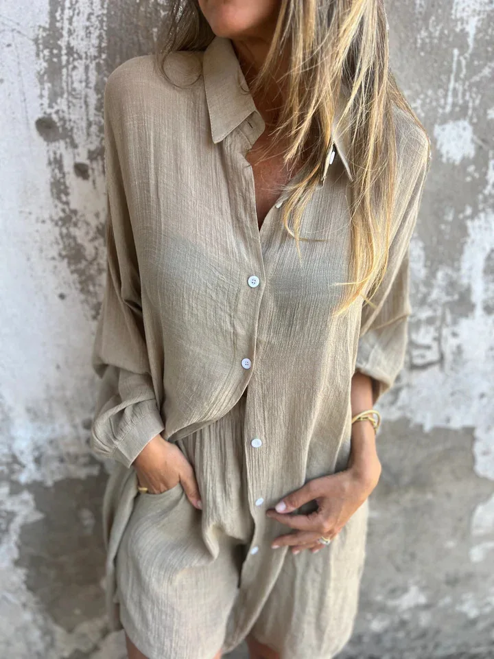New Casual Solid Color Cotton Linen Set For Women's 2025 Spring Summer Shorts Long-sleeved Wrinkled Shirt Two-piece Loose Suit