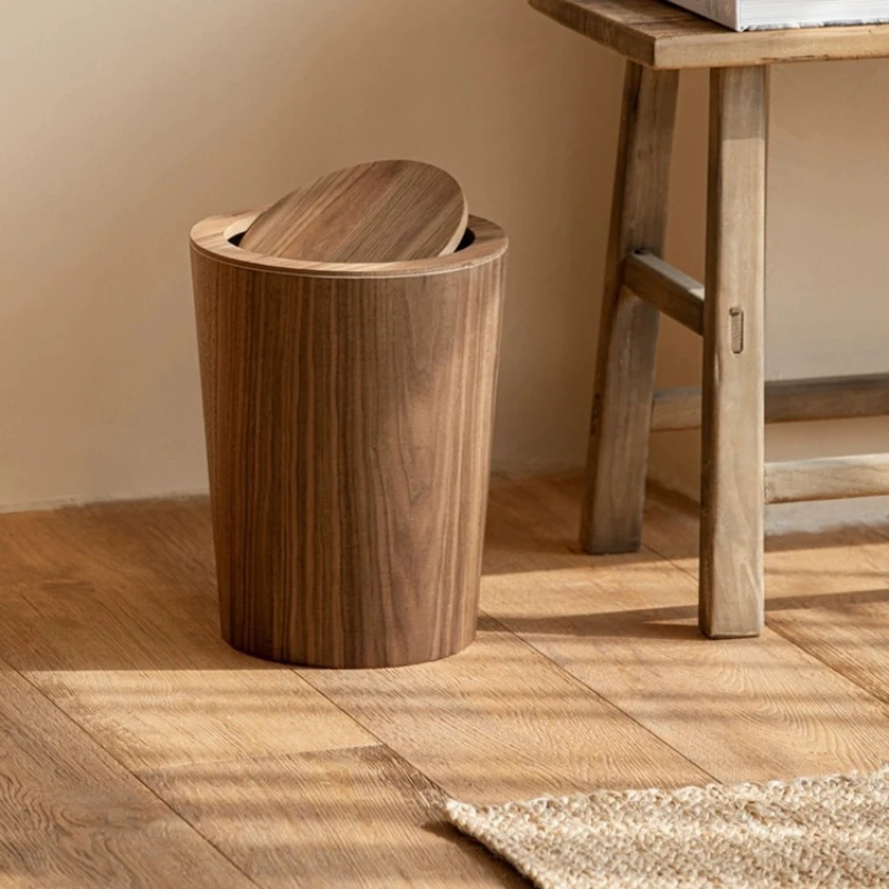 Household Wooden Trash Can With Lid Kitchen Bathroom Living Room Bedroom Simple Lidless Wood Grain Storage Box Round Press Type