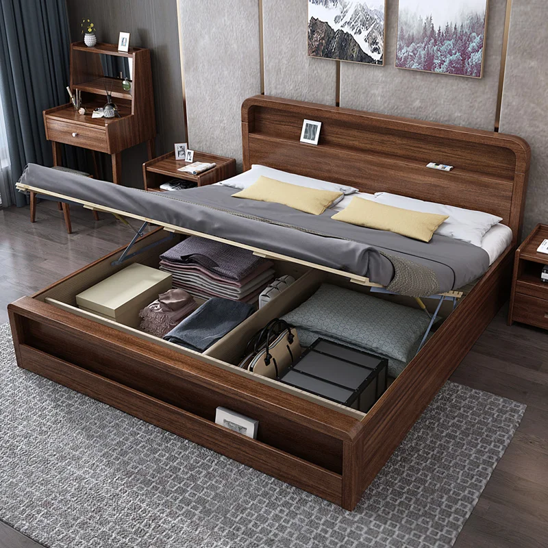 Walnut Nordic solid wood bed 1.8m 1.5m modern simple single double master bedroom small apartment high box bed marriage bed