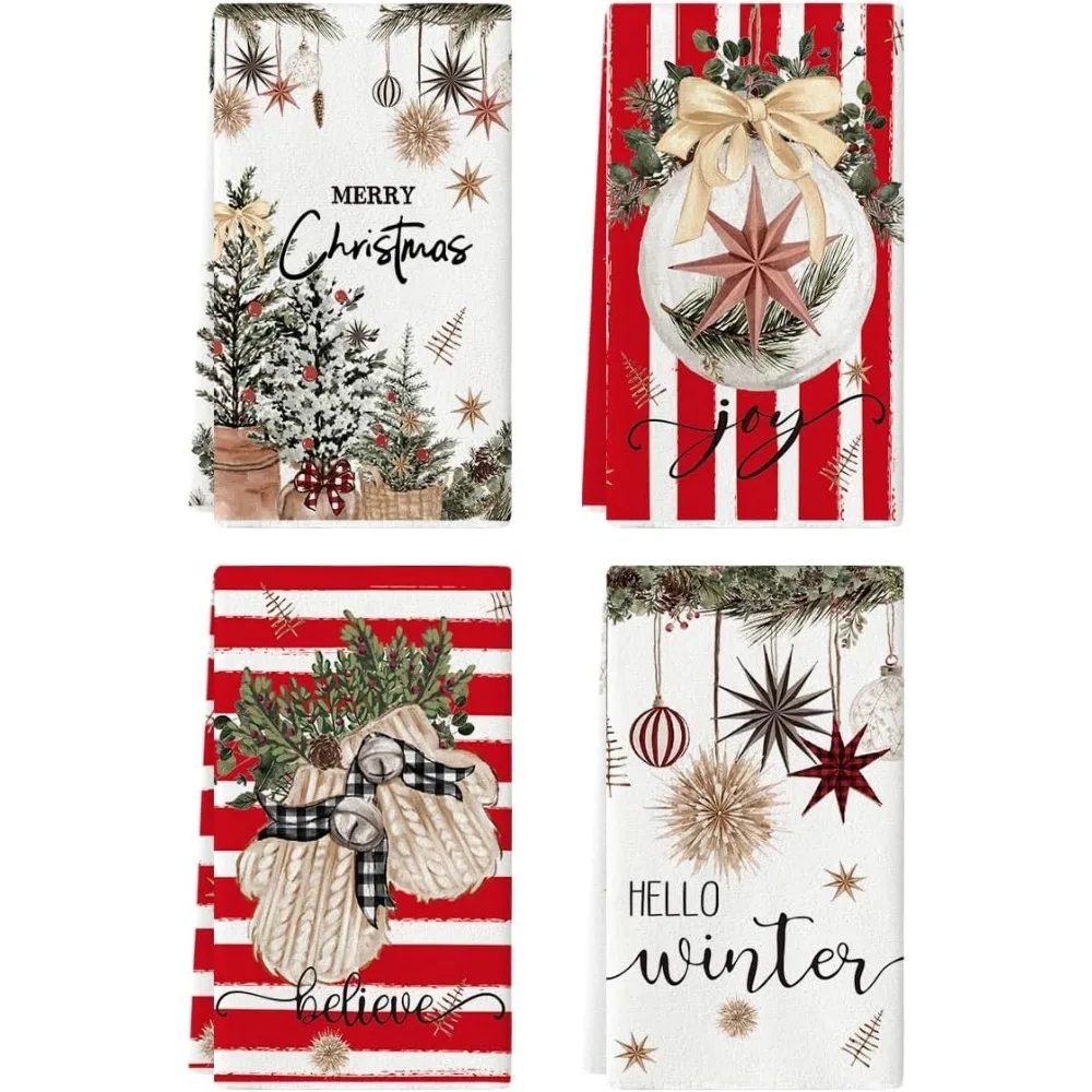 

Tree Merry Christmas Kitchen Towels Dish Towels, 18x26 Inch Holiday Gloves Ball Hello Winter Decoration Hand Towels Set of 4