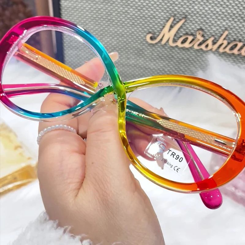 SHAUNA Anti-Blue Light Fashion Oversized TR90 Multicolor Women Round Glasses Frames Spring Hinge Computer Optical Eyeglasses