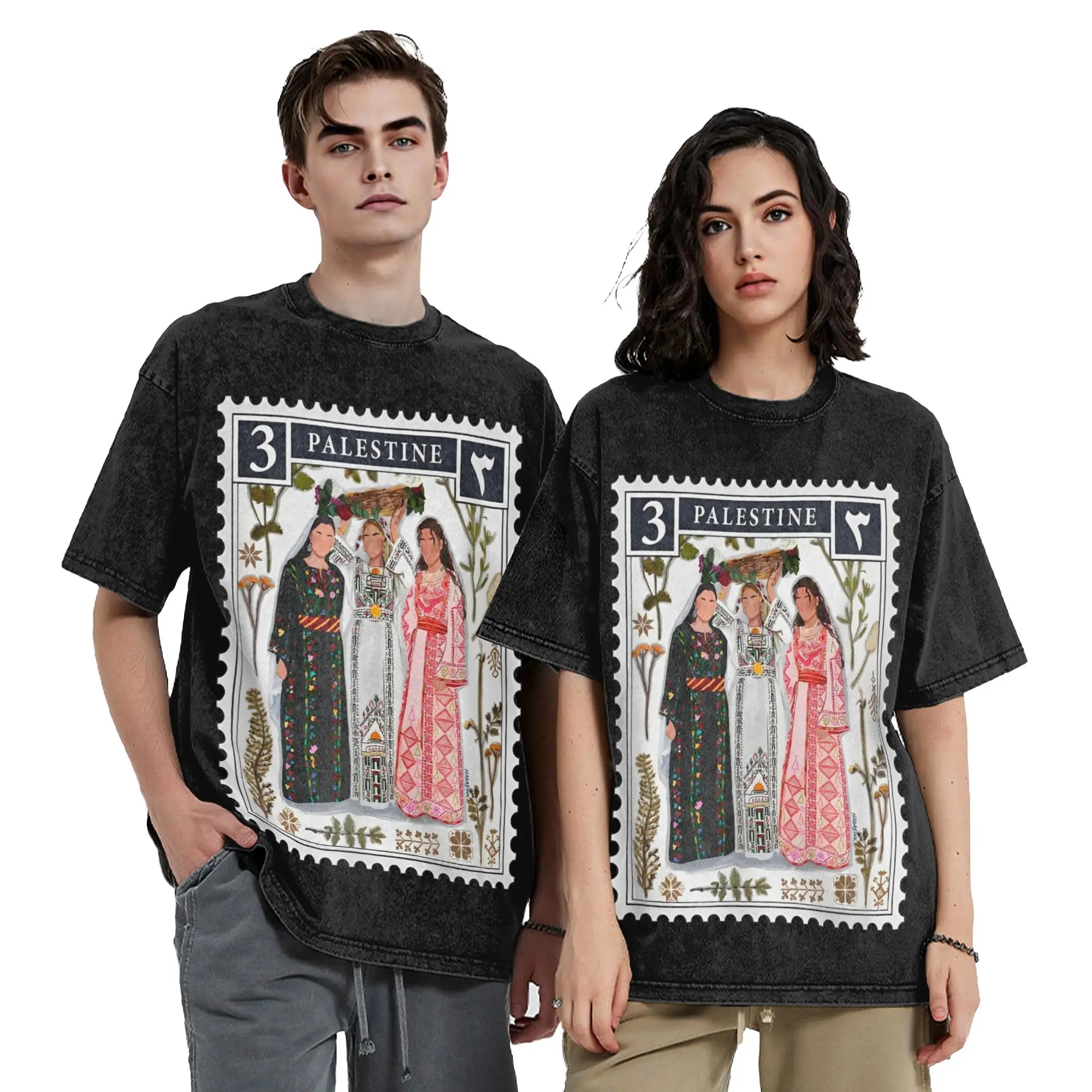 Palestine Stamp Washed T Shirt Streetwear  Vintage T-Shirts  Tees for Men Women Cotton Harajuku Printed