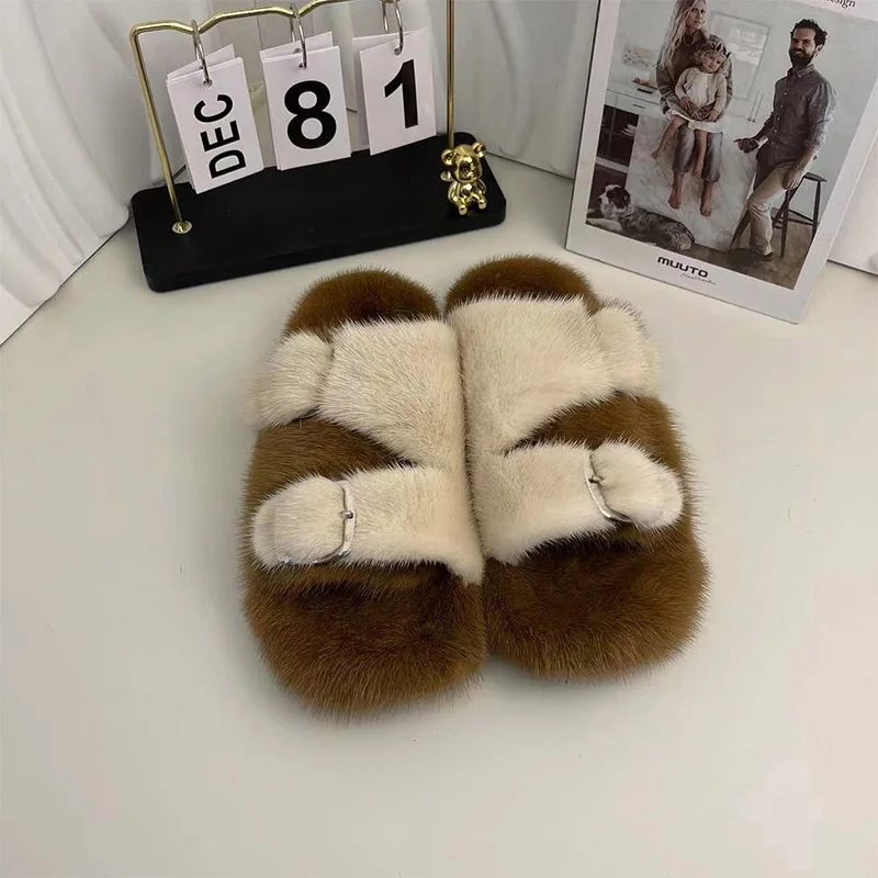 

New Women's Fashion Slippers Thickened Mink Hair Soft Bottom Cotton Slippers Fashion High Grade Unisex Home Mink Leather Shoes