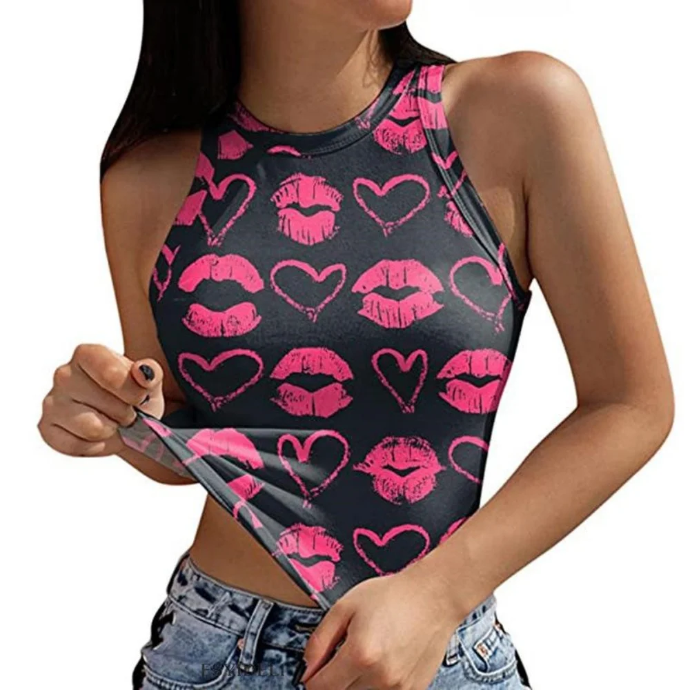 Modisches Herzmuster, sexy, bauchfreies, ärmelloses Damen-Top, Street-Harajuku-Stil, bequemer Rundhalsausschnitt, Damen-Sport-Tanktops – Detail 4