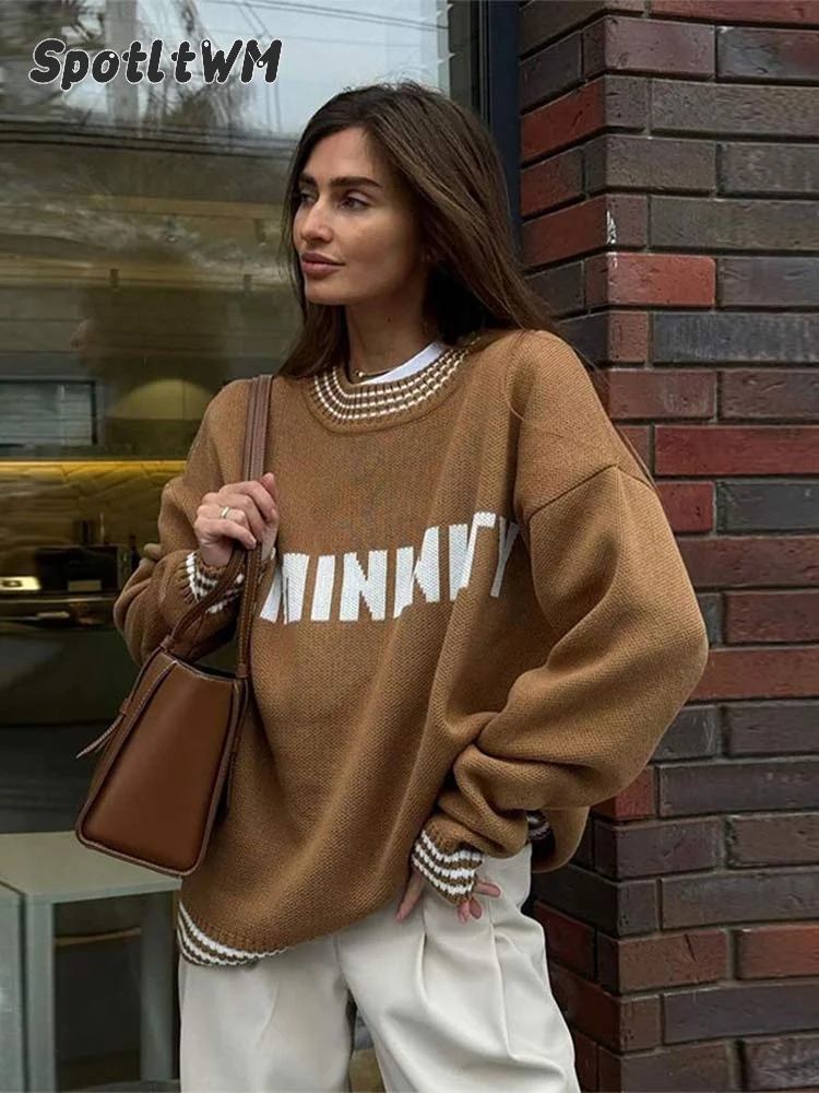 Fashion Chic Letter Printed Women Pullover Casual Loose Long Sleeve Round Neck Sweater Autumn Winter Female Commuting Jumper