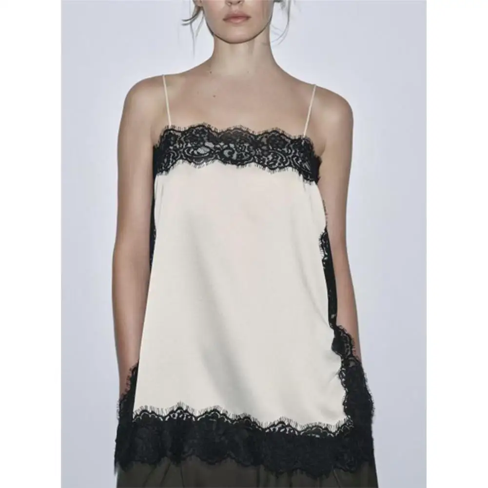 Elegant Lace Splice Design Women's Tank Top Versatile Fashionable Straight Cut Short Length No Chest Pad Citywalk Suitable