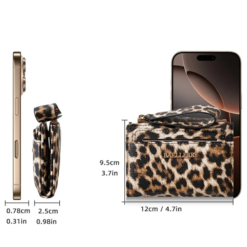 1pc-BAELLERRY leopard print women's short wallet, PU leather short wallet, includes detachable wrist strap, card holder with multiple card slots, ID window, and zippered coin pocket