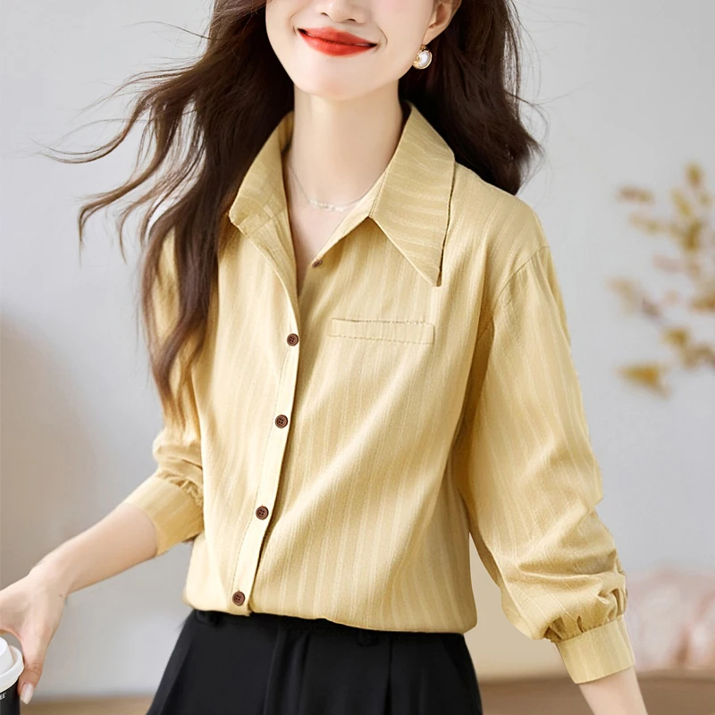 Fashion Slim blouse Autumn New Women's Clothing Long Sleeve Striped Polo-Neck Ladies Tops Elegant Temperament Loose Women Shirt