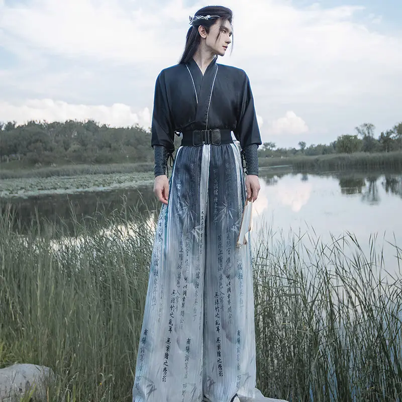 

Мужской комплект Hanfu Dynasty Song - новые широкие брюки в китайском стиле с тушью, унисекс, вдохновленный каллиграфией, мужской костюм