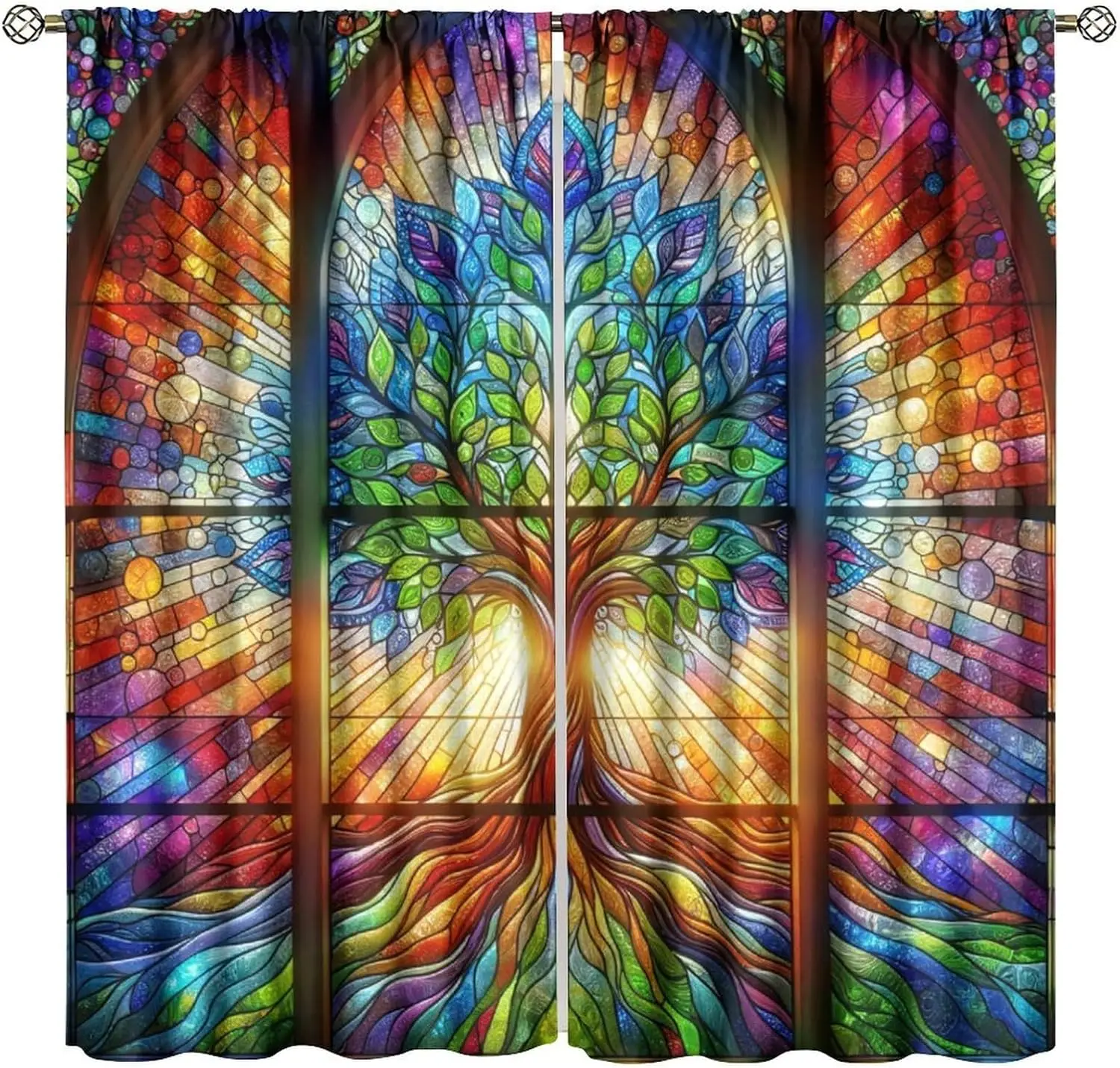 Stained Glass Curtain Tree Life Wall Mosaic Art Beautiful Nature Scenery Blackout Window Drapes for Bedroom Living Room Kitchen