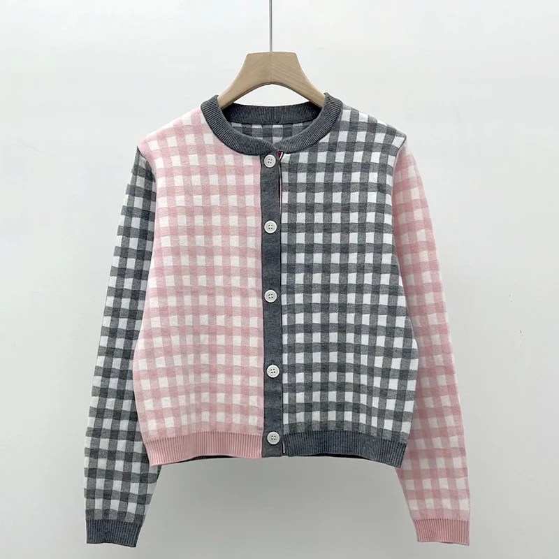 

Korean Plaid Knit Sweater Cardigan Women Autumn Winter Long Sleeve O-neck Single-breasted Stylish Chic Ladies Jumpers Tops