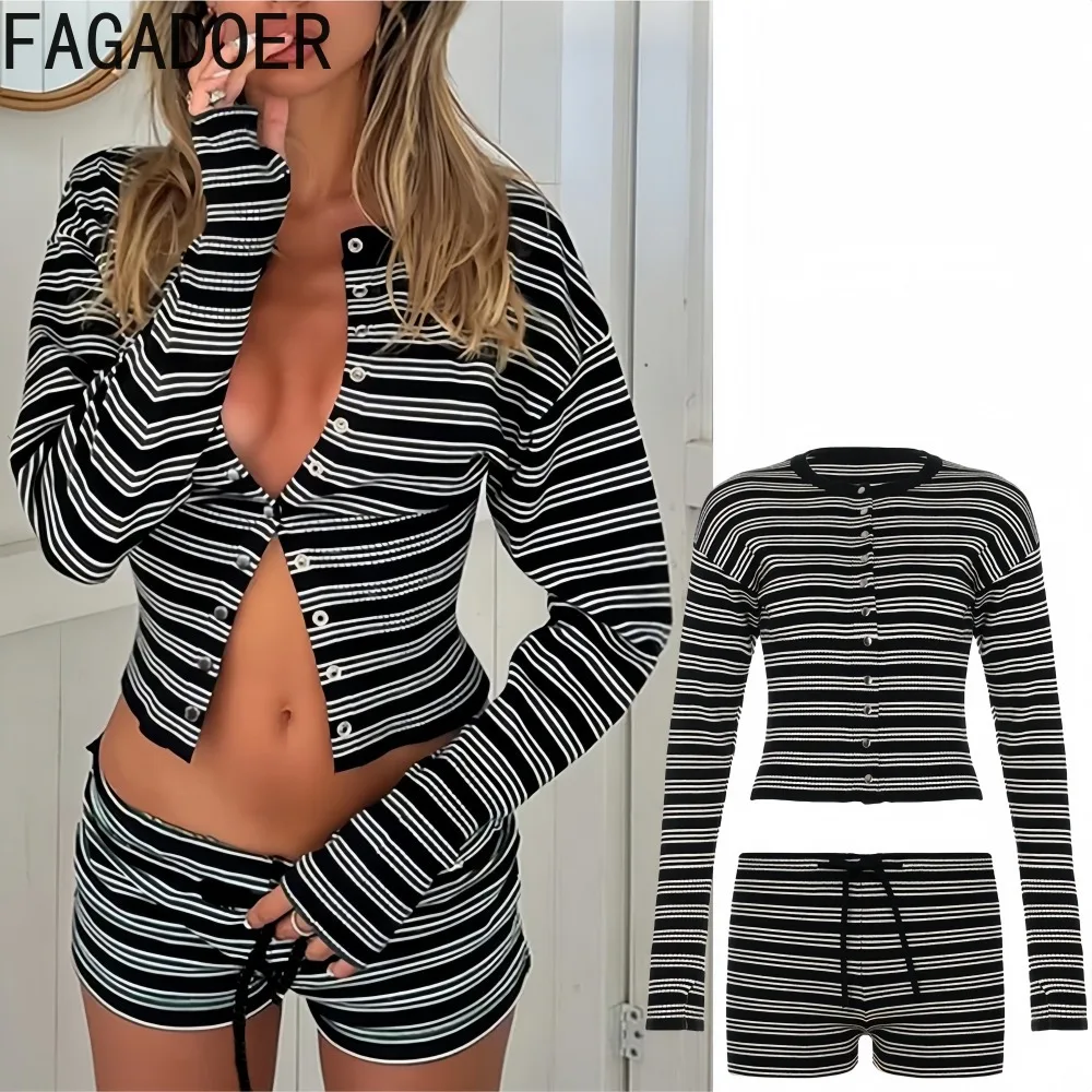 

FAGADOER Fashion Knit Two Piece Outfits Woman Striped Patchwork Cardigan Jacket and Shorts Matching Siut Female Streetwear New