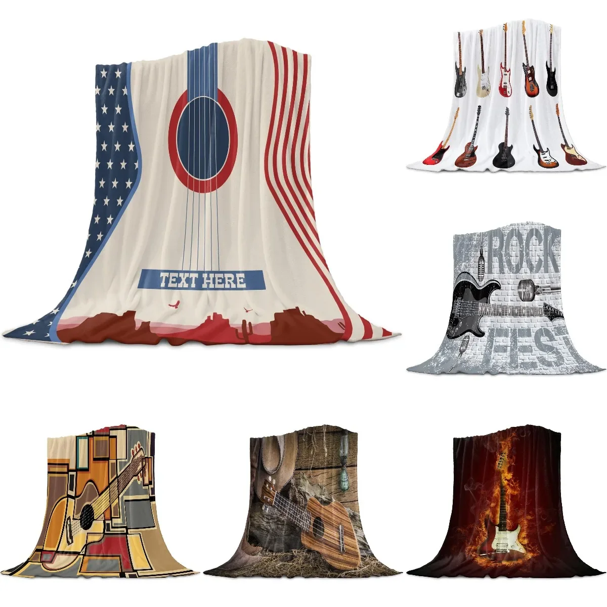 Rock Music Throw Blanket Guitar Pattern with Strings Retro Halftone Background Abstract Flannel Blanket Queen Size Super Soft