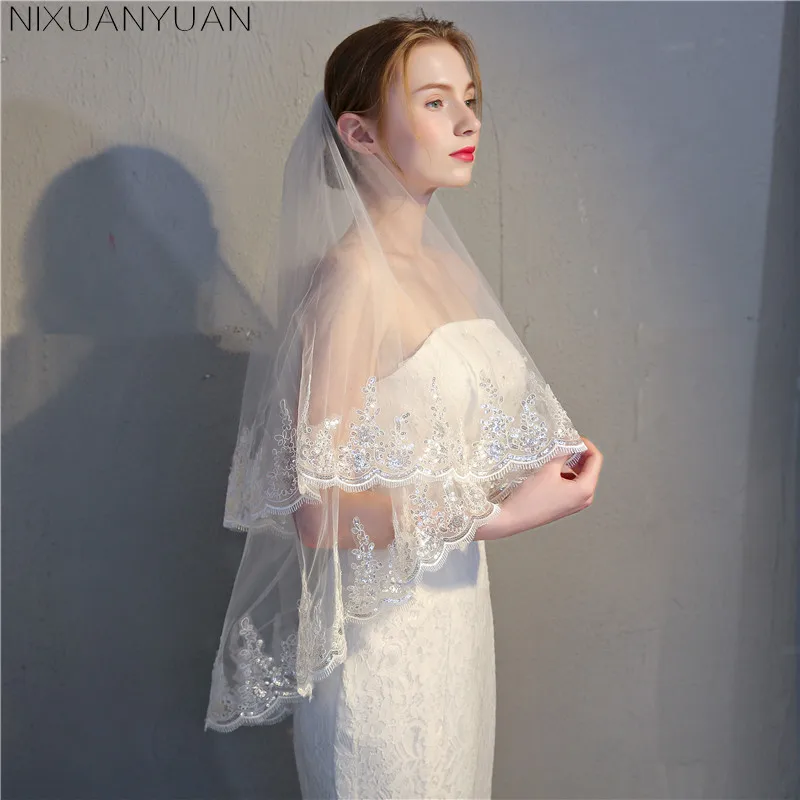 NIXUANYUAN 2023ราคาถูก2 Layears สีขาวงาช้างผ้าคลุมหน้าเจ้าสาวสั้น Tulle Veils งานแต่งงานอุปกรณ์เสริม