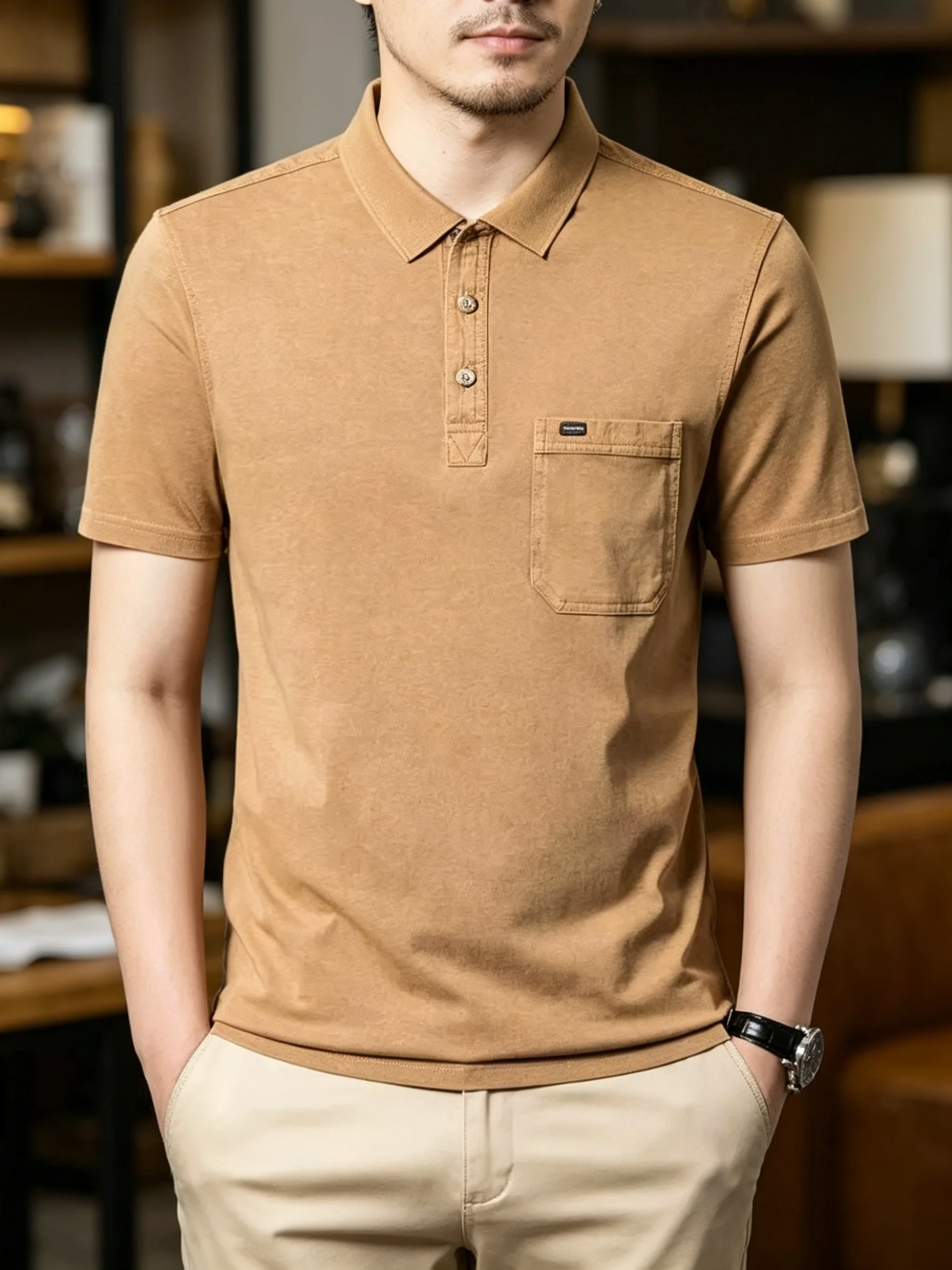 Washed Vintage T-Shirt Polo Shirt for Middle-Aged and Elderly Men, Solid Color Casual Top, British Style with Pockets, Washed and Distressed Craftsmanship, Nostalgic Retro Style with Faded Effect