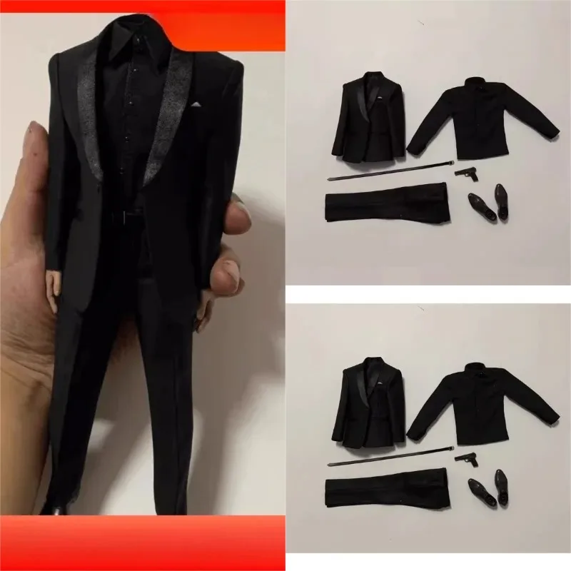 

1/6 Scale Male Soldier Trendy Black Suit Coat Long Pants with Belt Shoes Clothes Model for 12in PH Action Figures Body Accessory