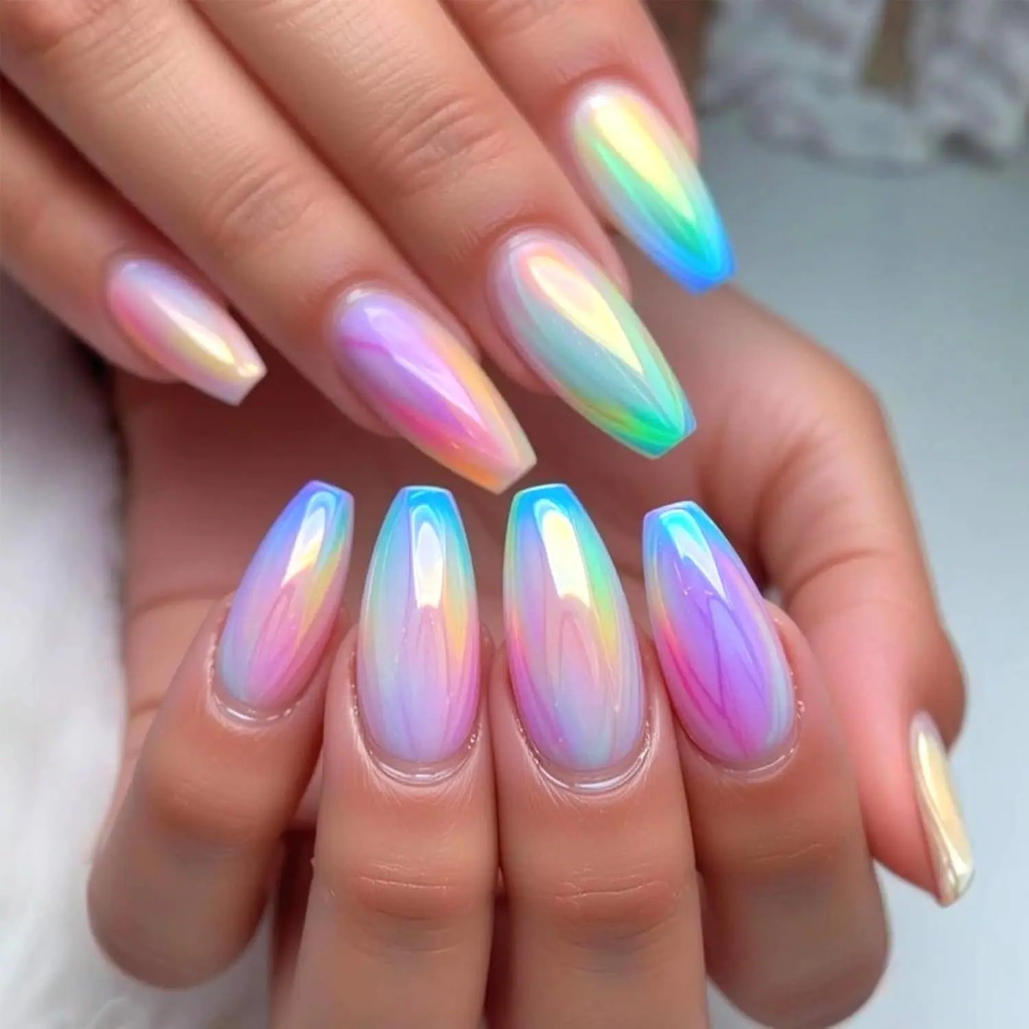 

Press on Nails Medium Coffin Fake Nails Dreamy Rainbow Aurora False Nails Laser Glossy Full Cover Stick on Nail Reusable Nails