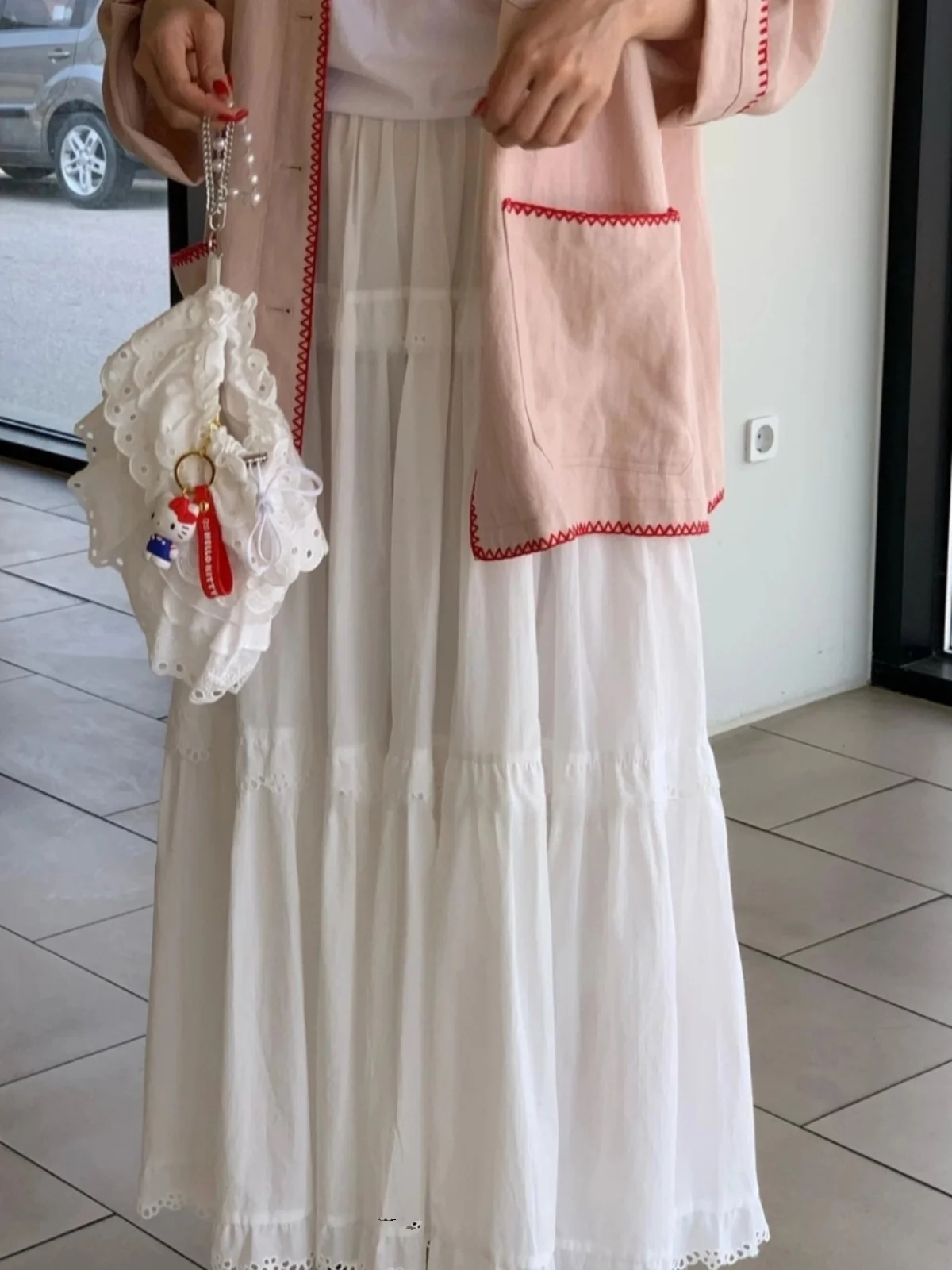 Saia branca de cintura alta, linha a, vintage, personalidade suave, emenda, borda de renda, bolo, saia longa, casual, meia co...