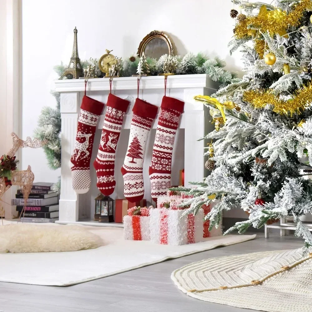 26-Inch Large Nordic Style Knitted Christmas Stockings in Burgundy/White for Stuffers & Mantel, Wall, & Staircase Decoration