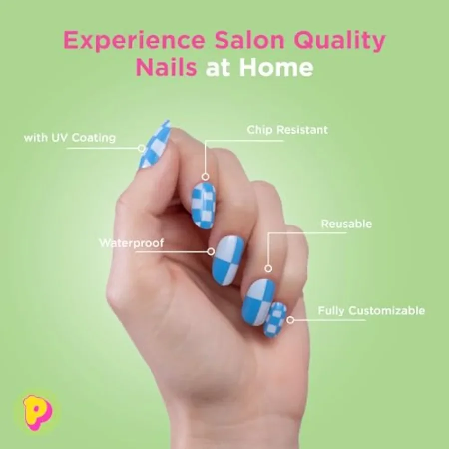 Blue Check PressOn Nails Manicure Kit for LongLasting Beauty 24Piece Set Includes Adhesive Nail File Prep Pads Cuticle Stick Pe