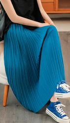 Spring Summer Women Pleated Chiffon Long Skirts Solid Color Bottom Female A Line Elasit Waist Skirt