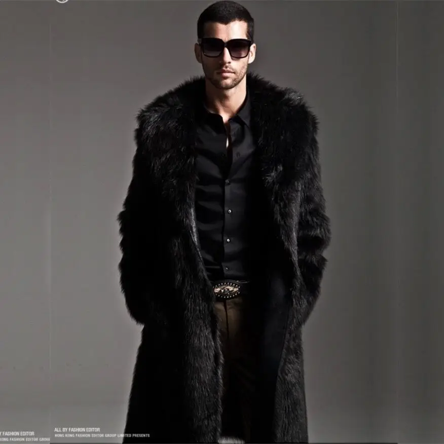 Fashion Black Faux Fur Jacket Men Winter Brand New Faux Leather Long Parka Warm Overcoat Male Luxury Fur Punk Outwear 3XL