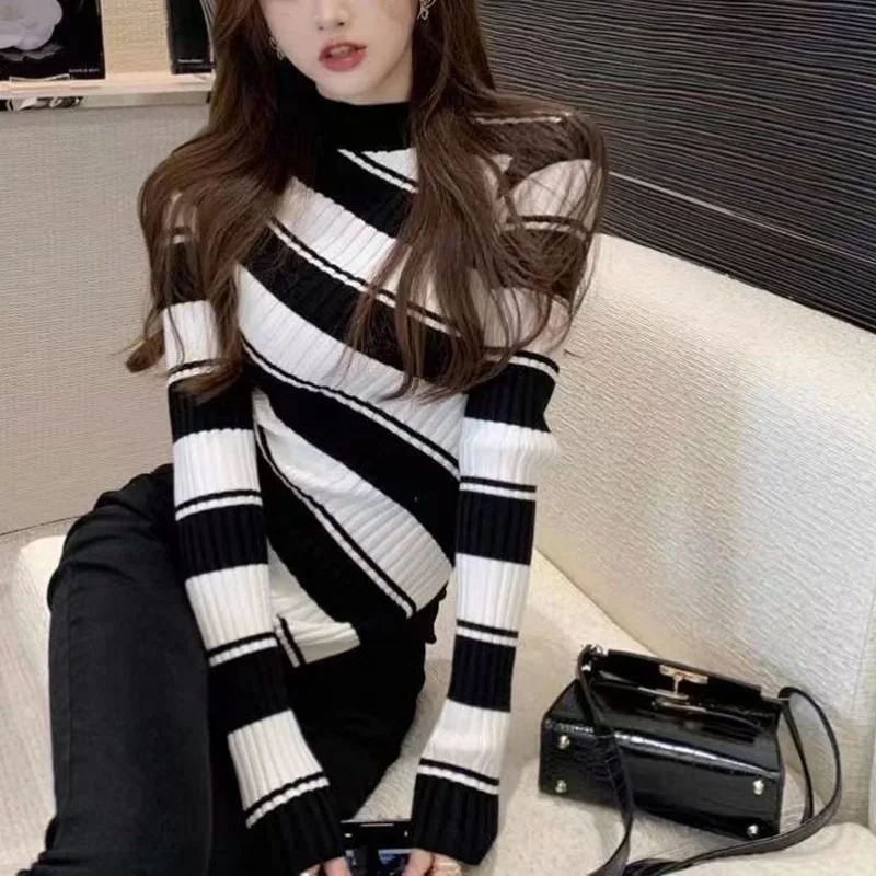 Spring Autumn New Women\'s Versatile Slim Half High Collar Stripe Pullovers Tops Fashion Simplicity Casual Long Sleeve Knitwear