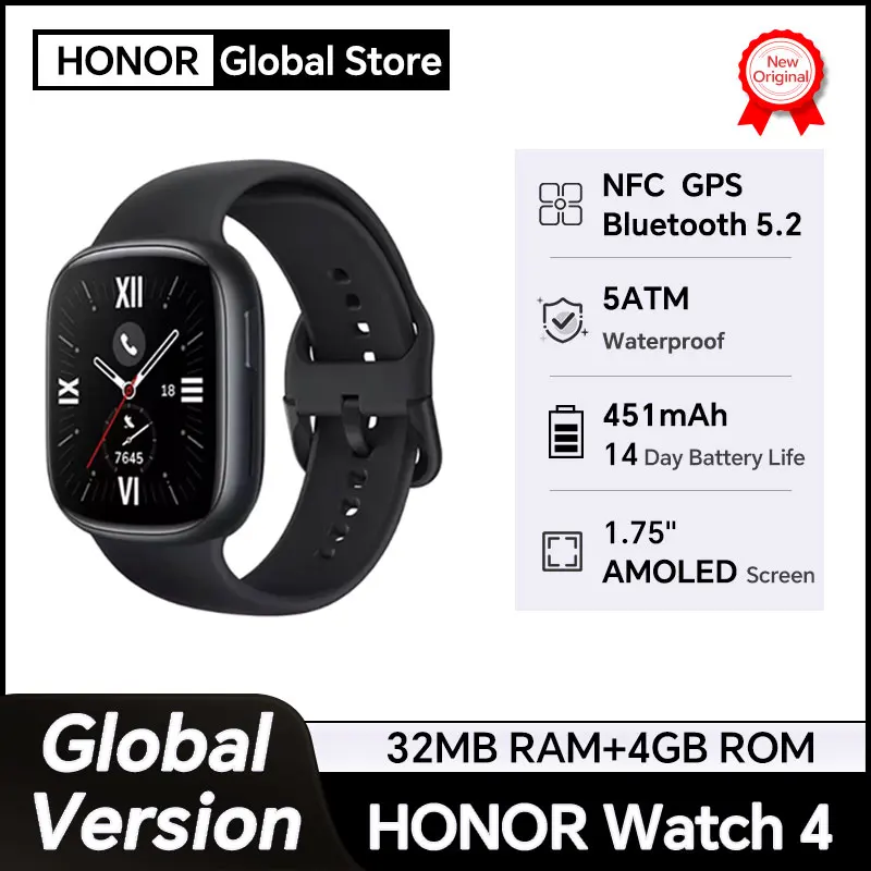 New Global Version HONOR Watch 4 Smartwatch 1.75'' AMOLED Screen 451mAh Battery Bluetooth 5.2 5ATM Waterproof NFC GPS