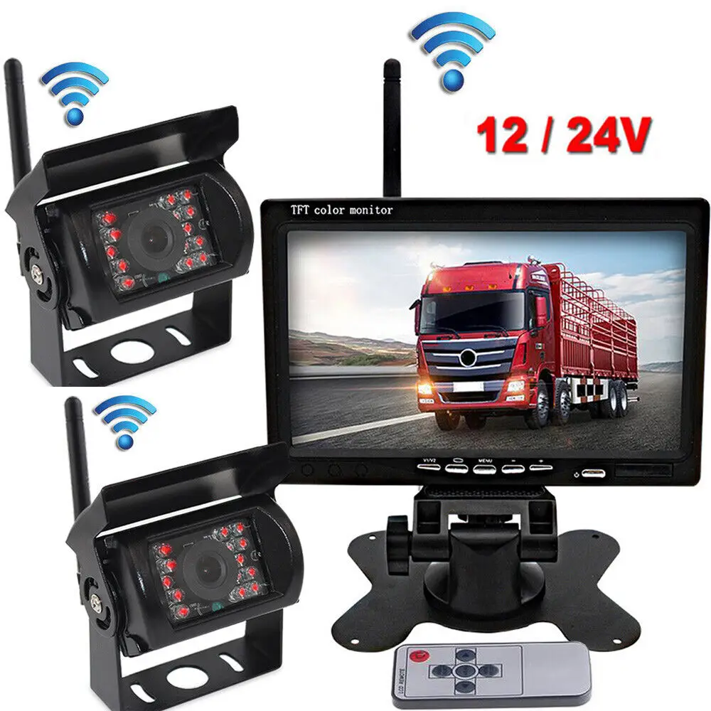 

Truck Bus RVs Wireless Dual Rear View IR Parking Backup Camera 7" Monitor Kit